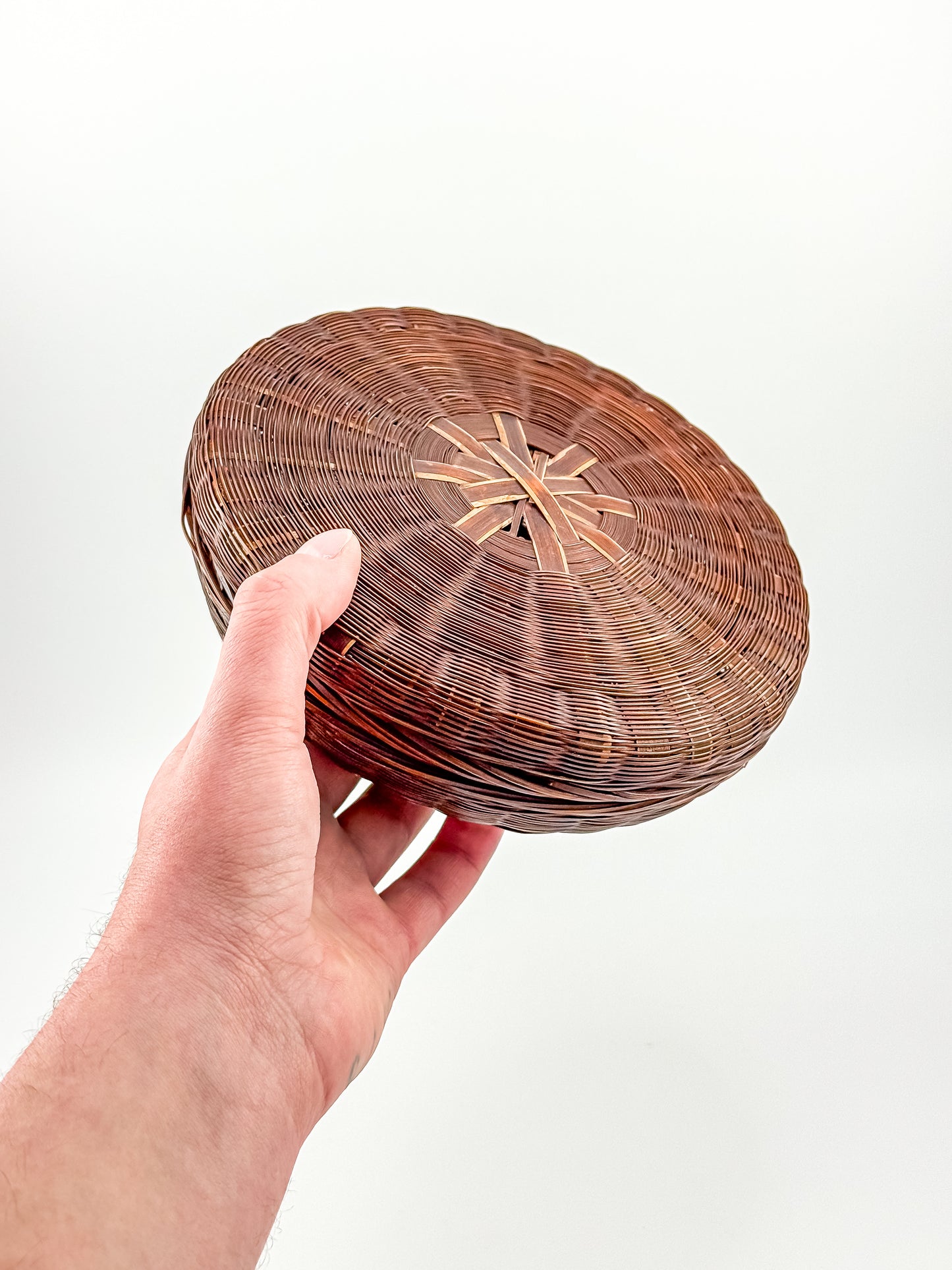 Vintage Chinese Wicker Sewing Basket — Round Lidded, Starburst Weave