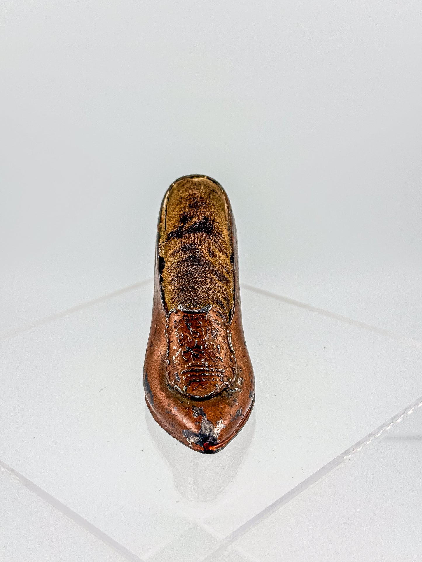 Antique Miniature Shoe Pin Cushion with Embossed Medallion