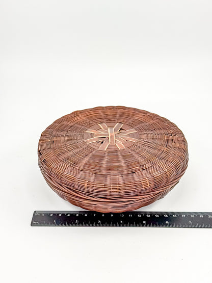 Vintage Chinese Wicker Sewing Basket — Round Lidded, Starburst Weave