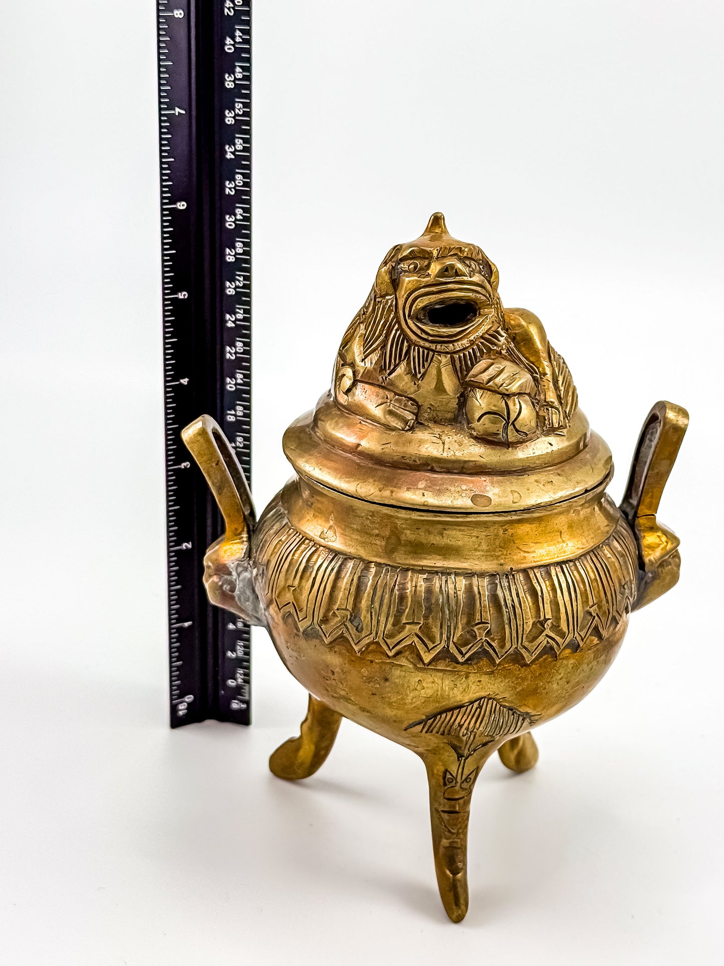 Vintage Brass Foo Dog Tripod Incense Burner with Lid