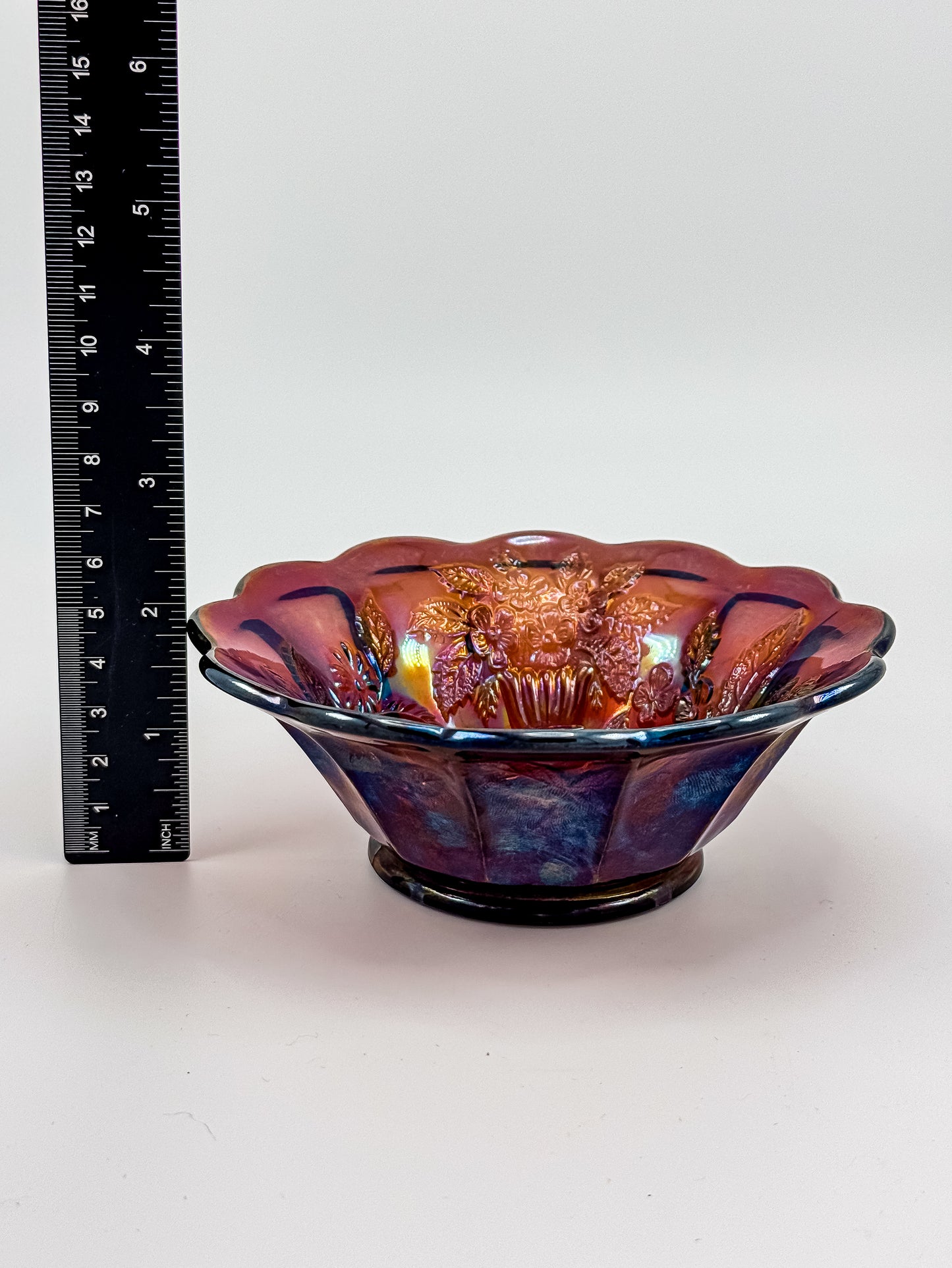Millersburg Peacock Berry Bowl | No Bee | Red Amberina Carnival Glass | Early 1900s