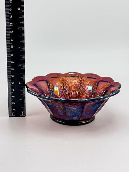 Millersburg Peacock Berry Bowl | No Bee | Red Amberina Carnival Glass | Early 1900s