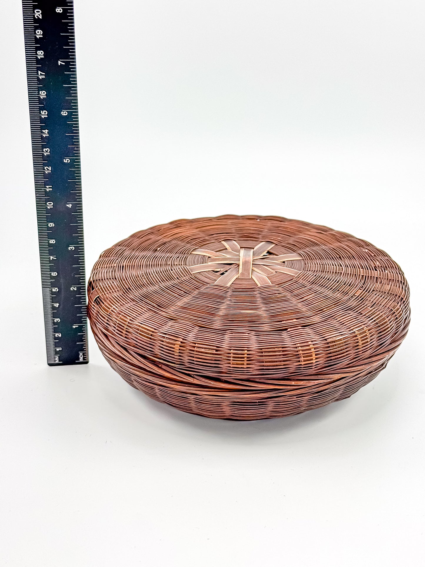 Vintage Chinese Wicker Sewing Basket — Round Lidded, Starburst Weave