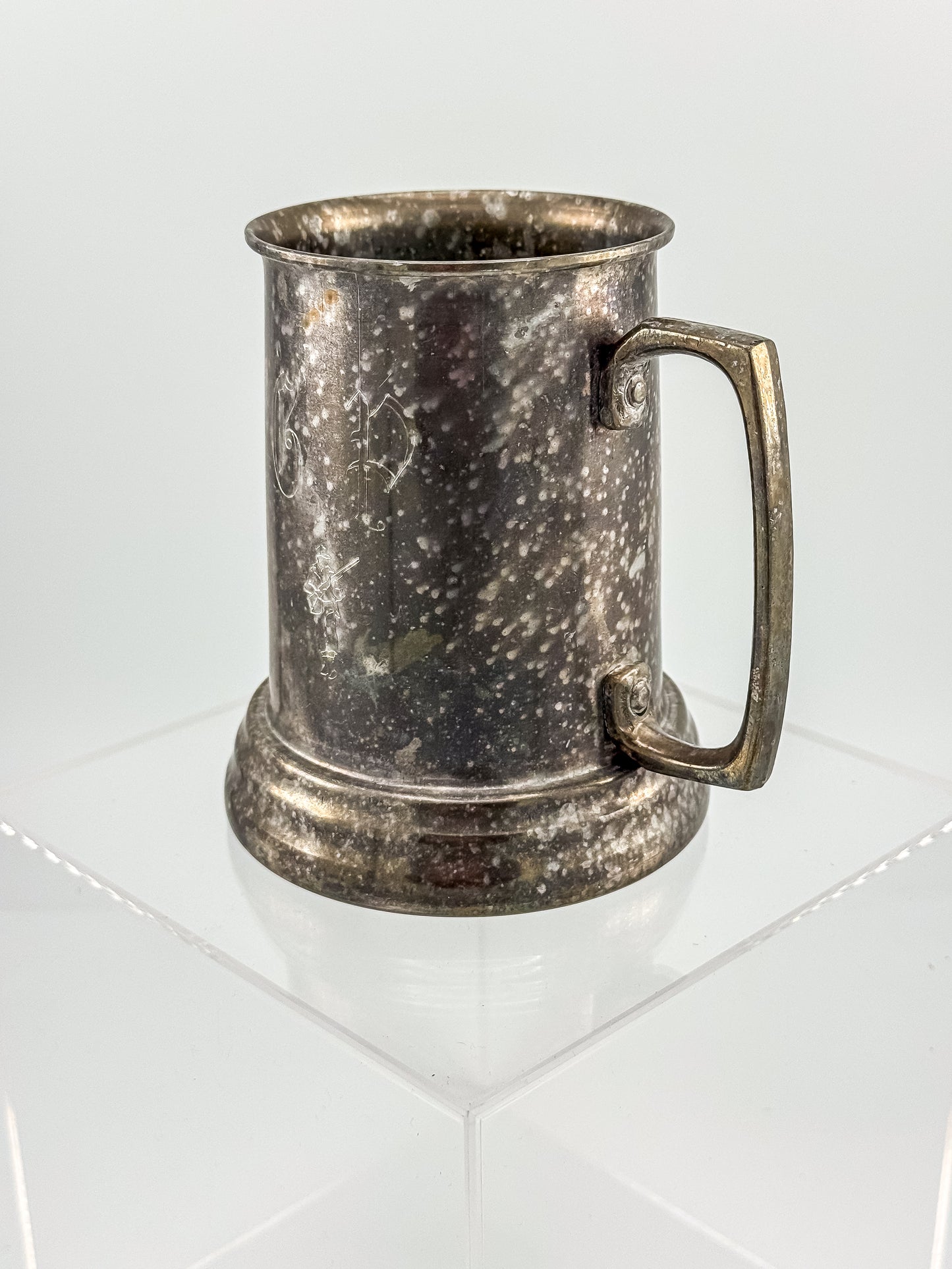 Vintage Metal Tankard Mug — Engraved Monogram GP, Clear Bottom, Made in Hong Kong