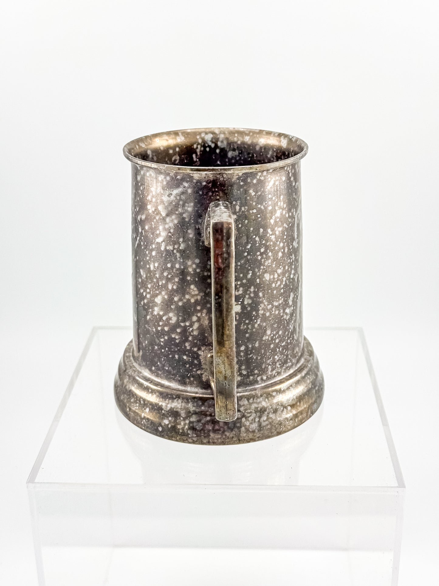 Vintage Metal Tankard Mug — Engraved Monogram GP, Clear Bottom, Made in Hong Kong