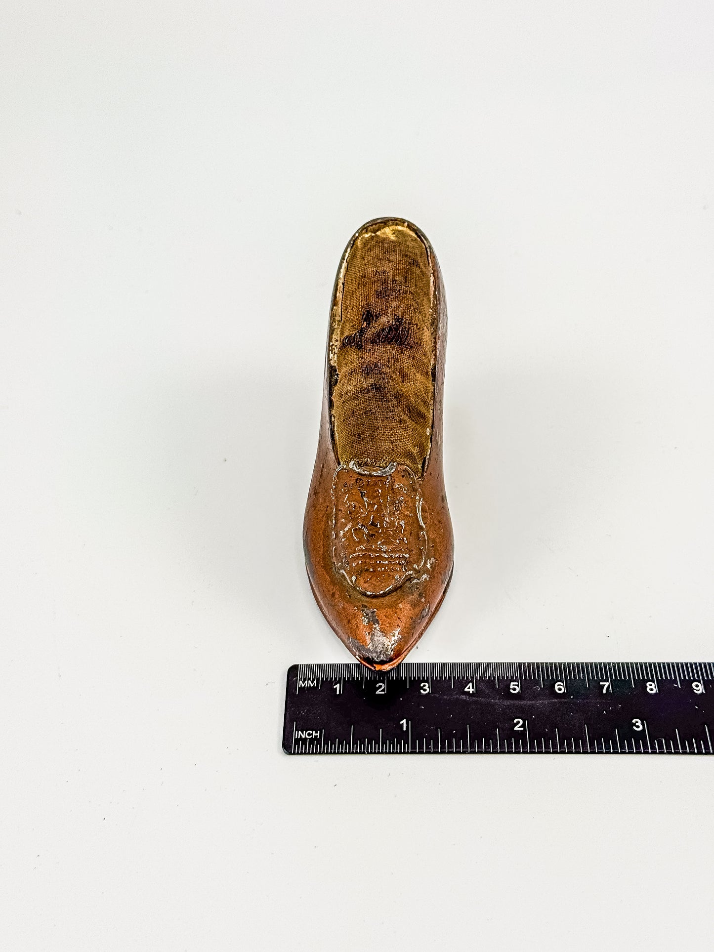 Antique Miniature Shoe Pin Cushion with Embossed Medallion