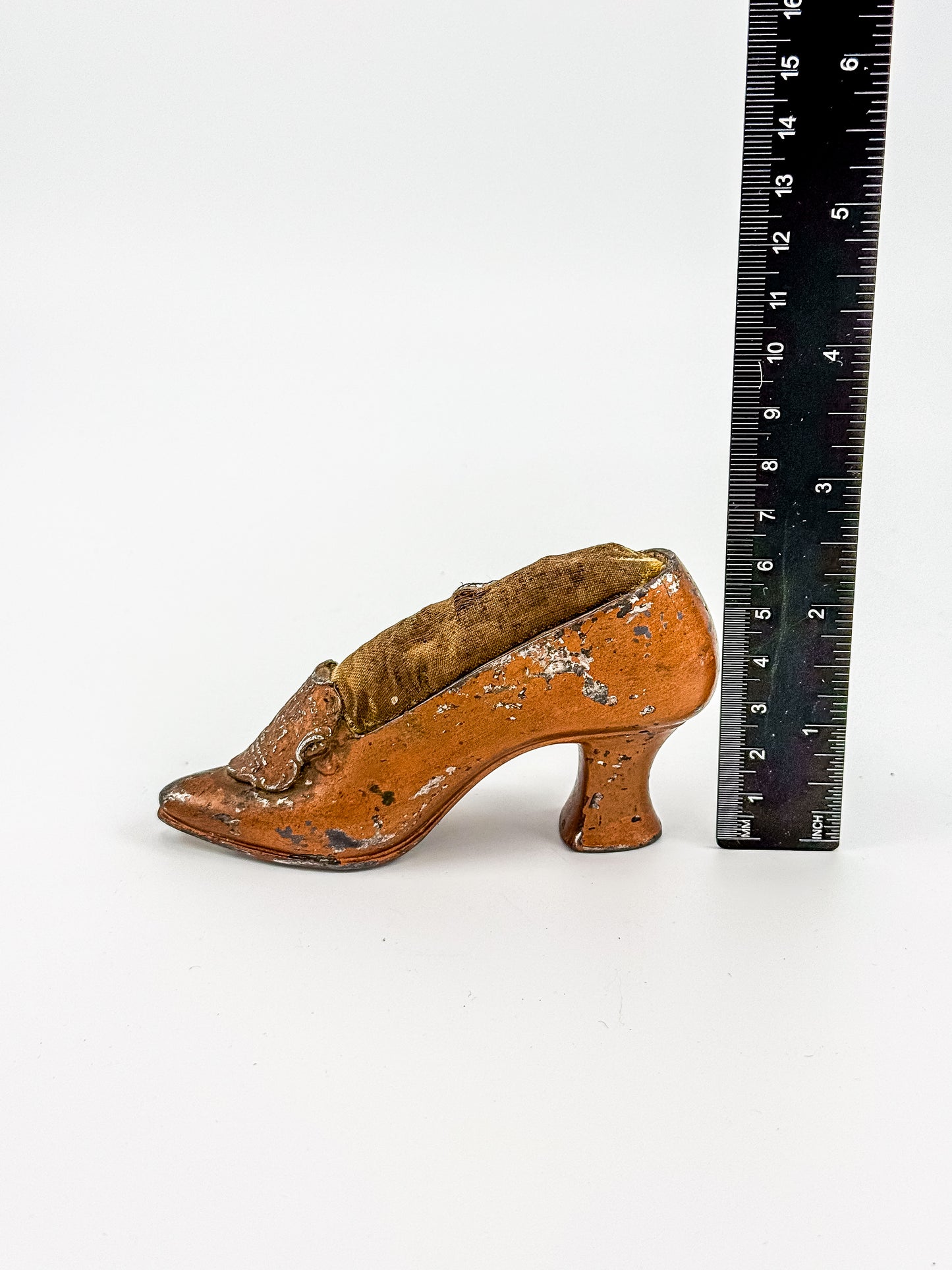 Antique Miniature Shoe Pin Cushion with Embossed Medallion