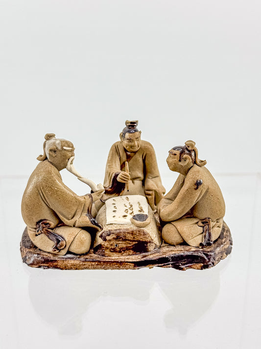 Vintage Chinese Mudman Figurine Group — Three Scholars Playing Go