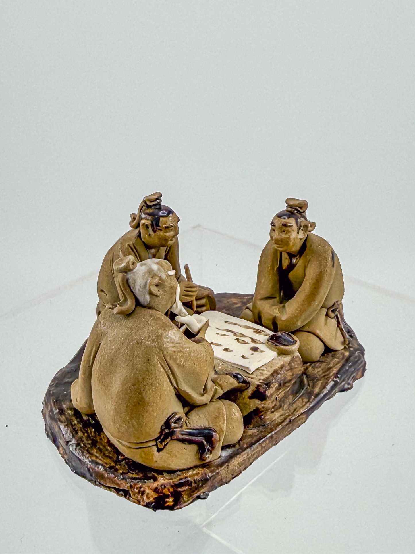 Vintage Chinese Mudman Figurine Group — Three Scholars Playing Go