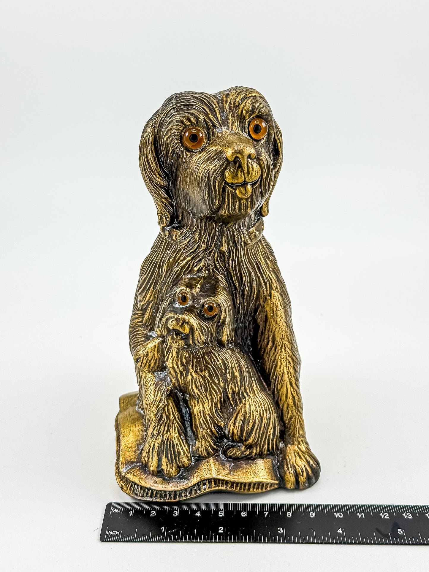 Vintage Bronze-Tone Dog & Pup Figurine with Orange Eyes — Hollow Base