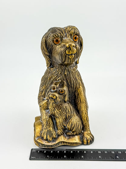 Vintage Bronze-Tone Dog & Pup Figurine with Orange Eyes — Hollow Base