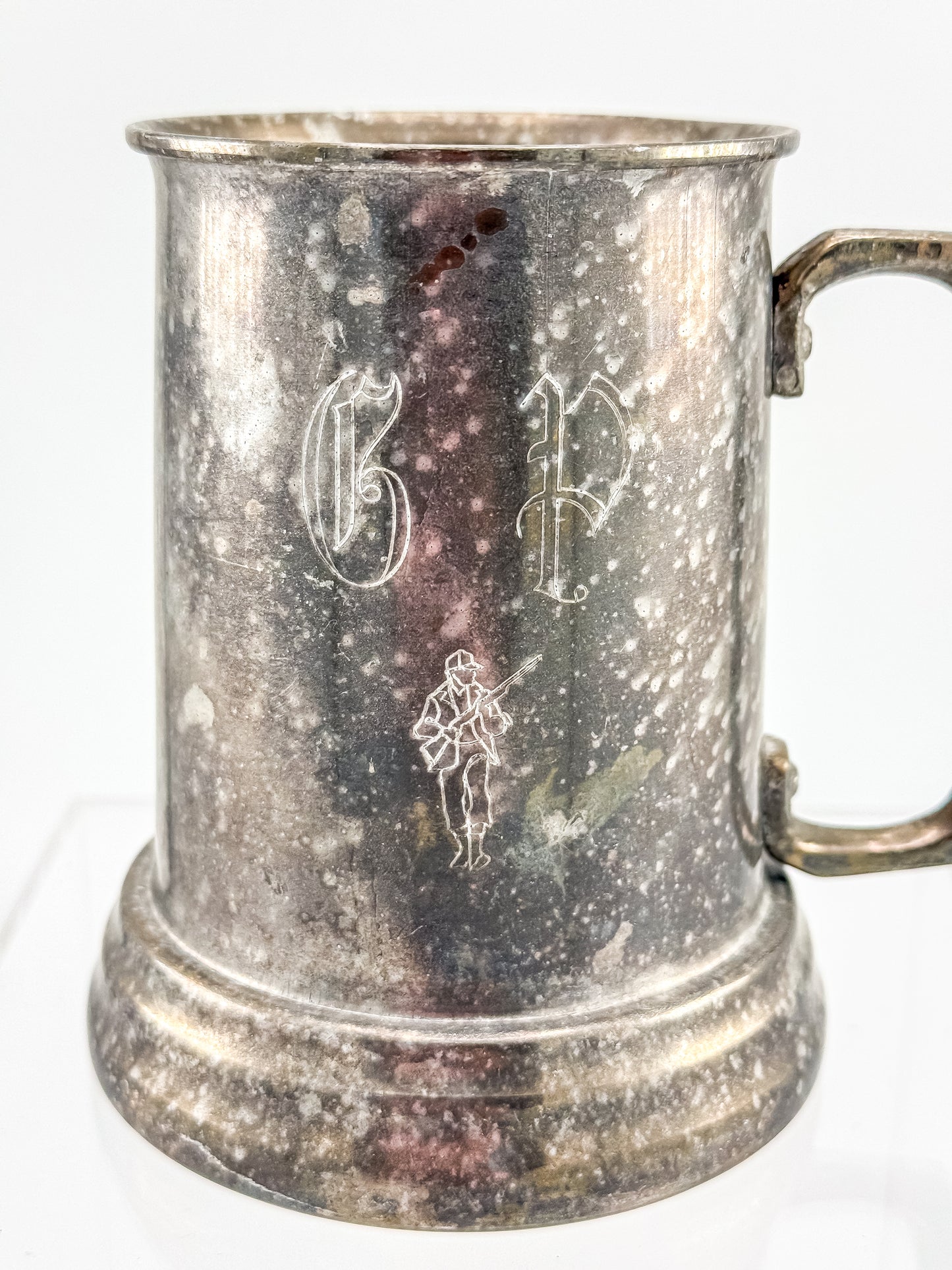 Vintage Metal Tankard Mug — Engraved Monogram GP, Clear Bottom, Made in Hong Kong
