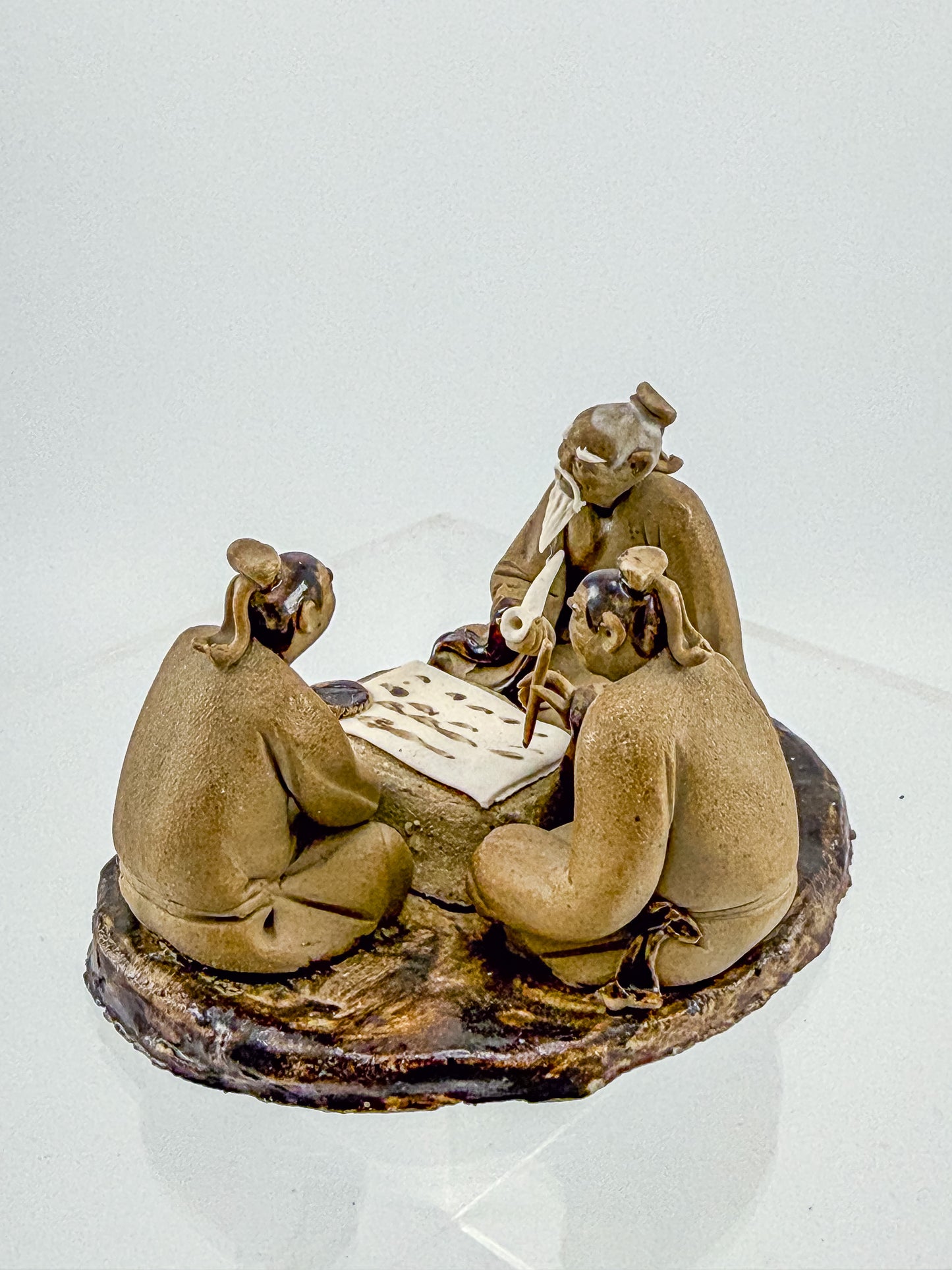 Vintage Chinese Mudman Figurine Group — Three Scholars Playing Go