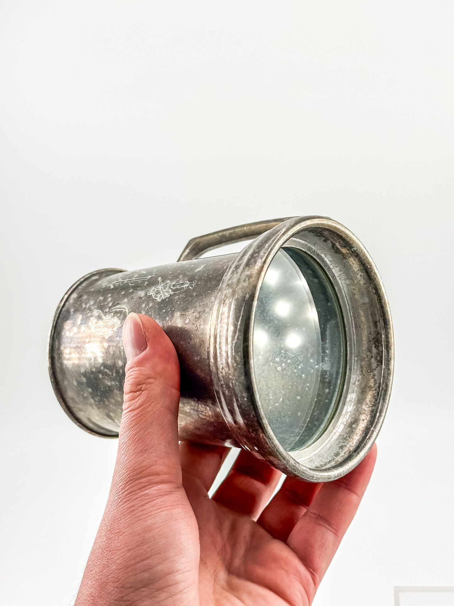 Vintage Metal Tankard Mug — Engraved Monogram GP, Clear Bottom, Made in Hong Kong