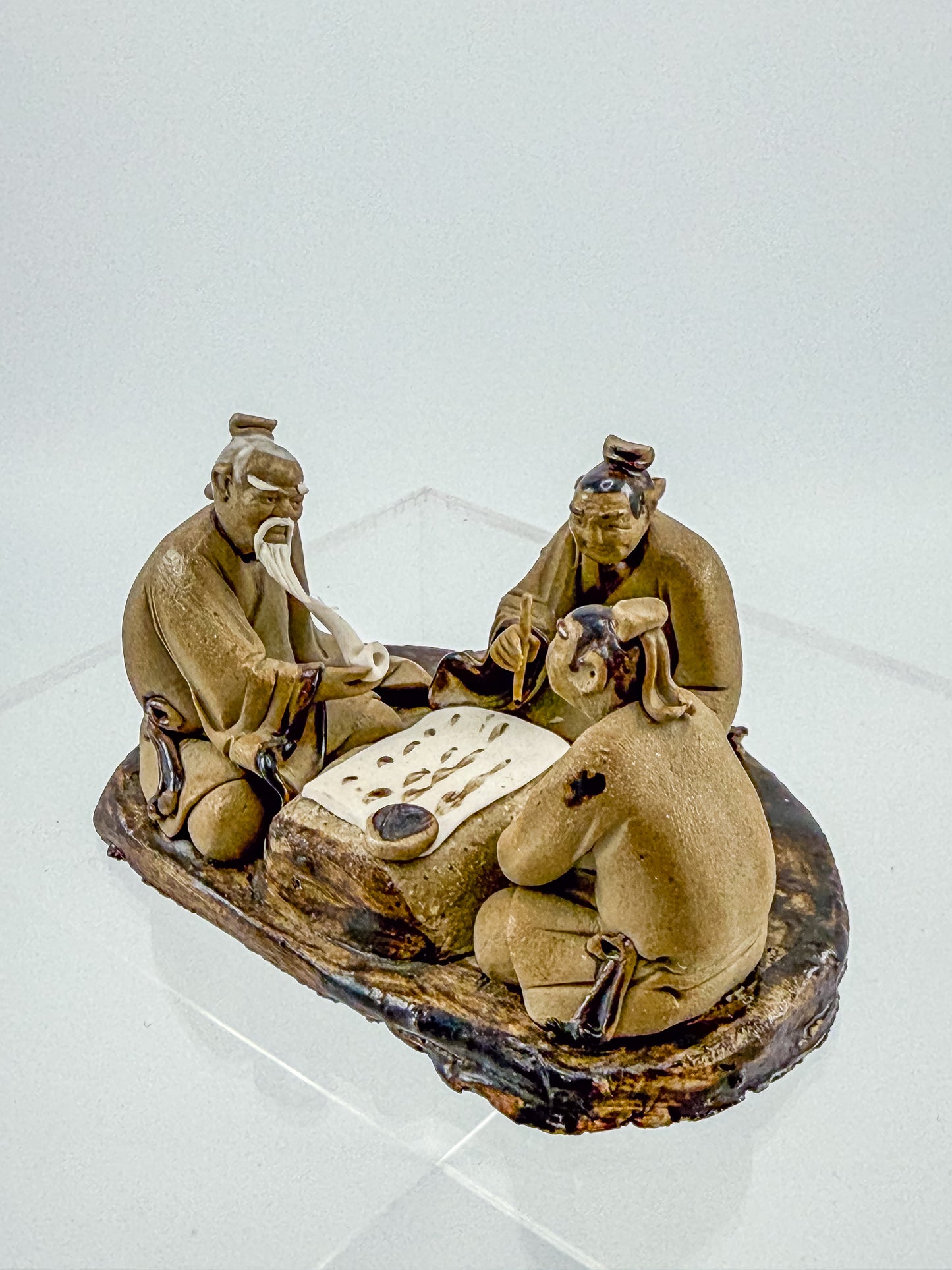 Vintage Chinese Mudman Figurine Group — Three Scholars Playing Go