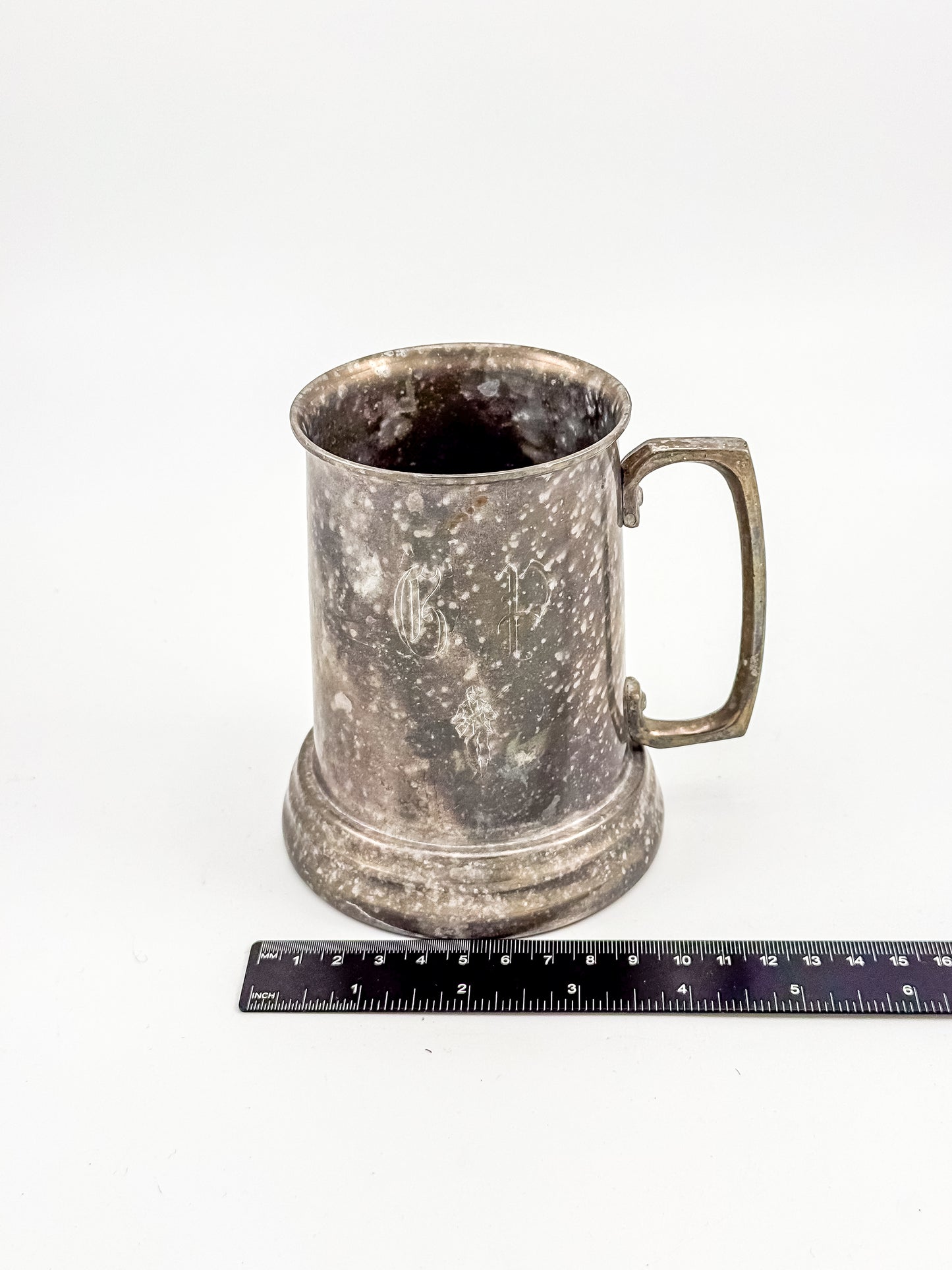 Vintage Metal Tankard Mug — Engraved Monogram GP, Clear Bottom, Made in Hong Kong