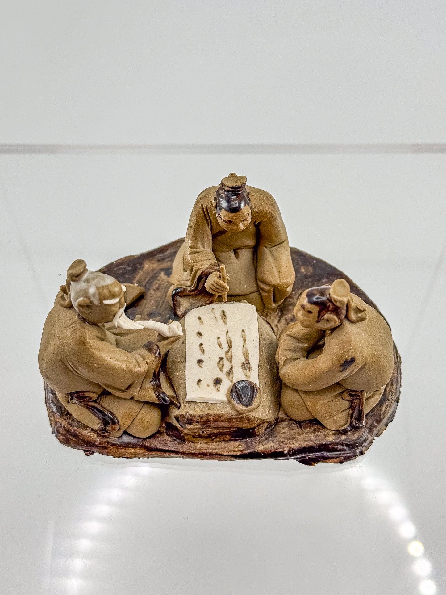 Vintage Chinese Mudman Figurine Group — Three Scholars Playing Go