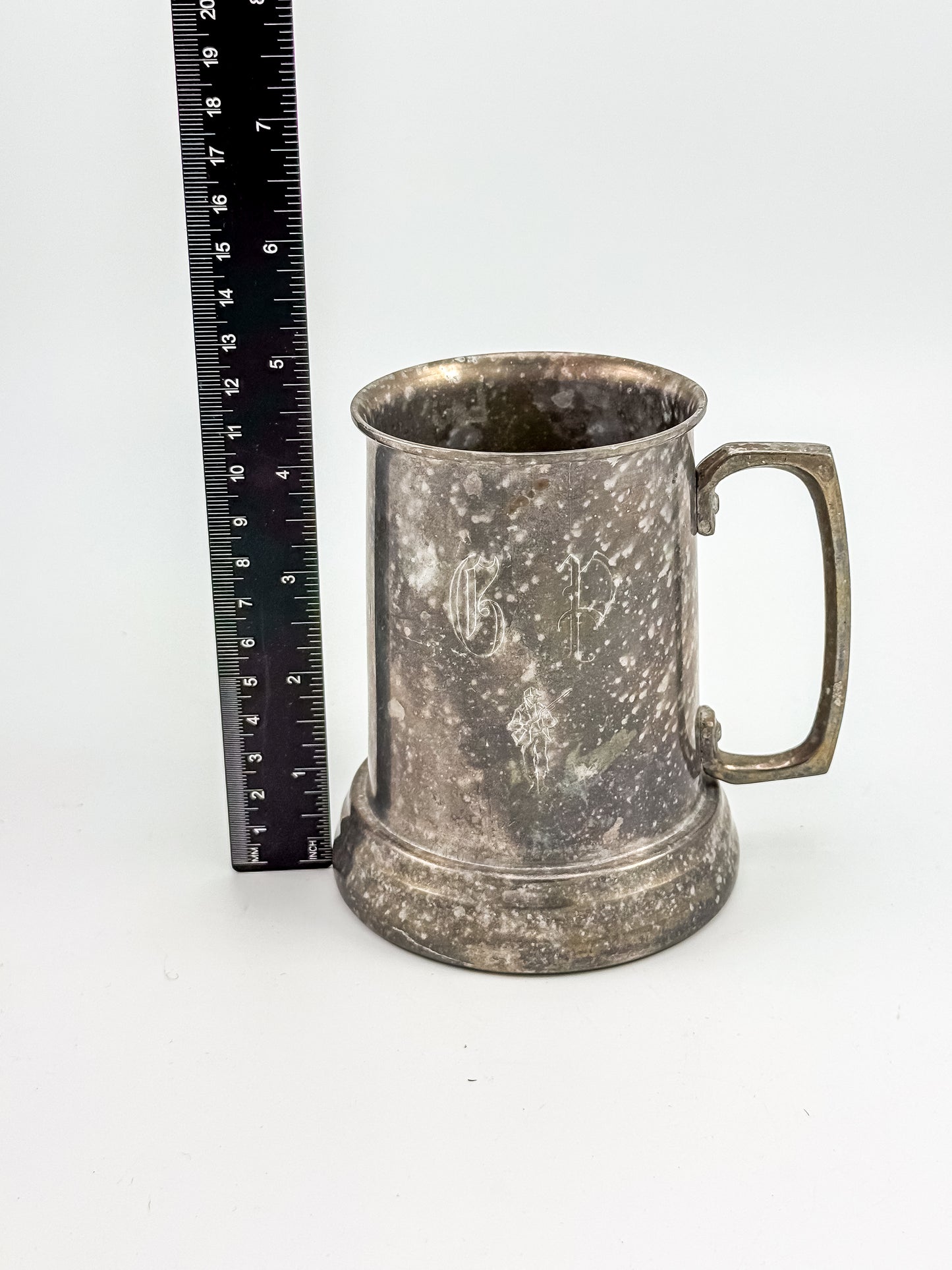 Vintage Metal Tankard Mug — Engraved Monogram GP, Clear Bottom, Made in Hong Kong