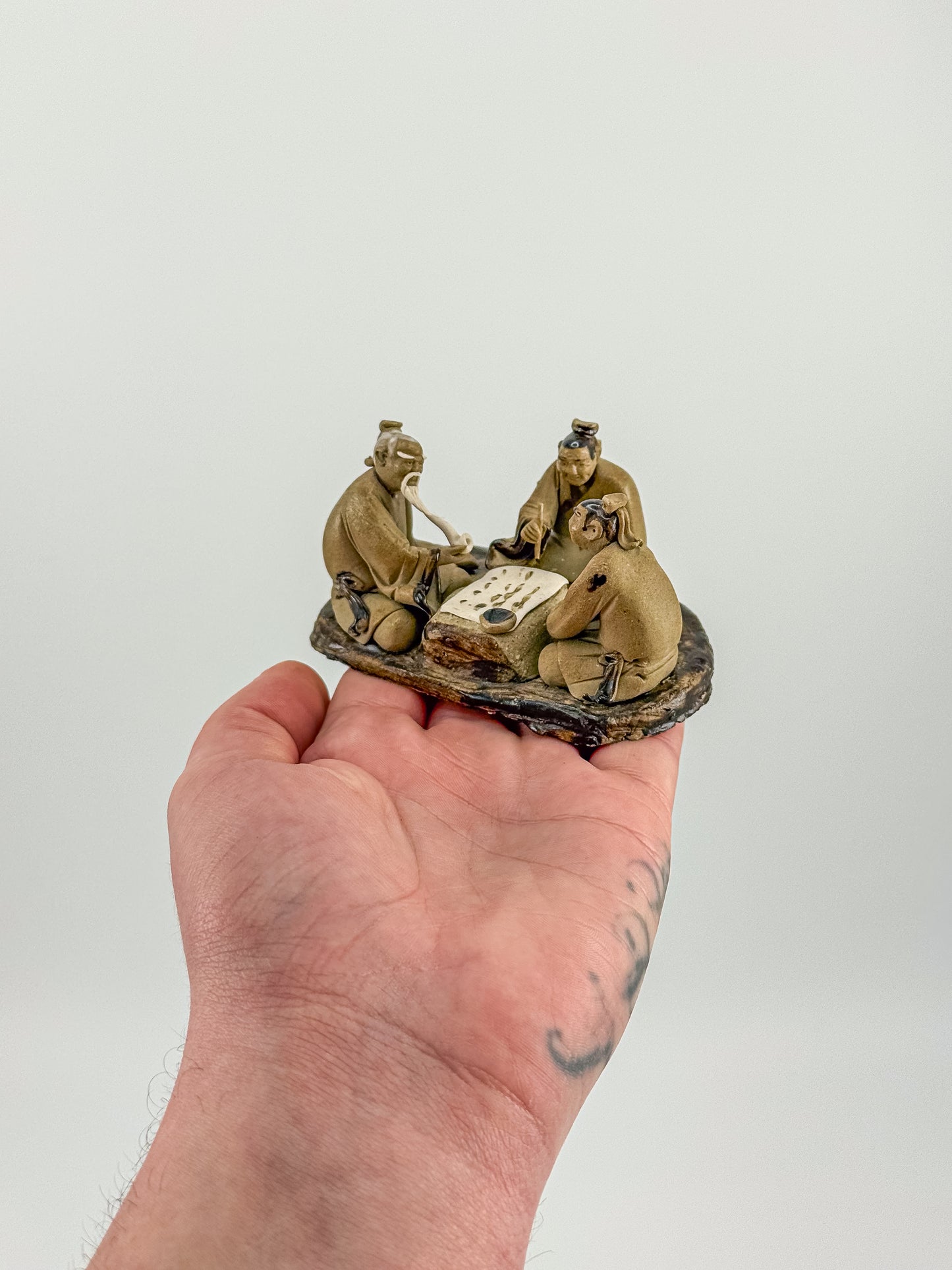 Vintage Chinese Mudman Figurine Group — Three Scholars Playing Go