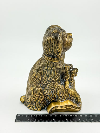 Vintage Bronze-Tone Dog & Pup Figurine with Orange Eyes — Hollow Base