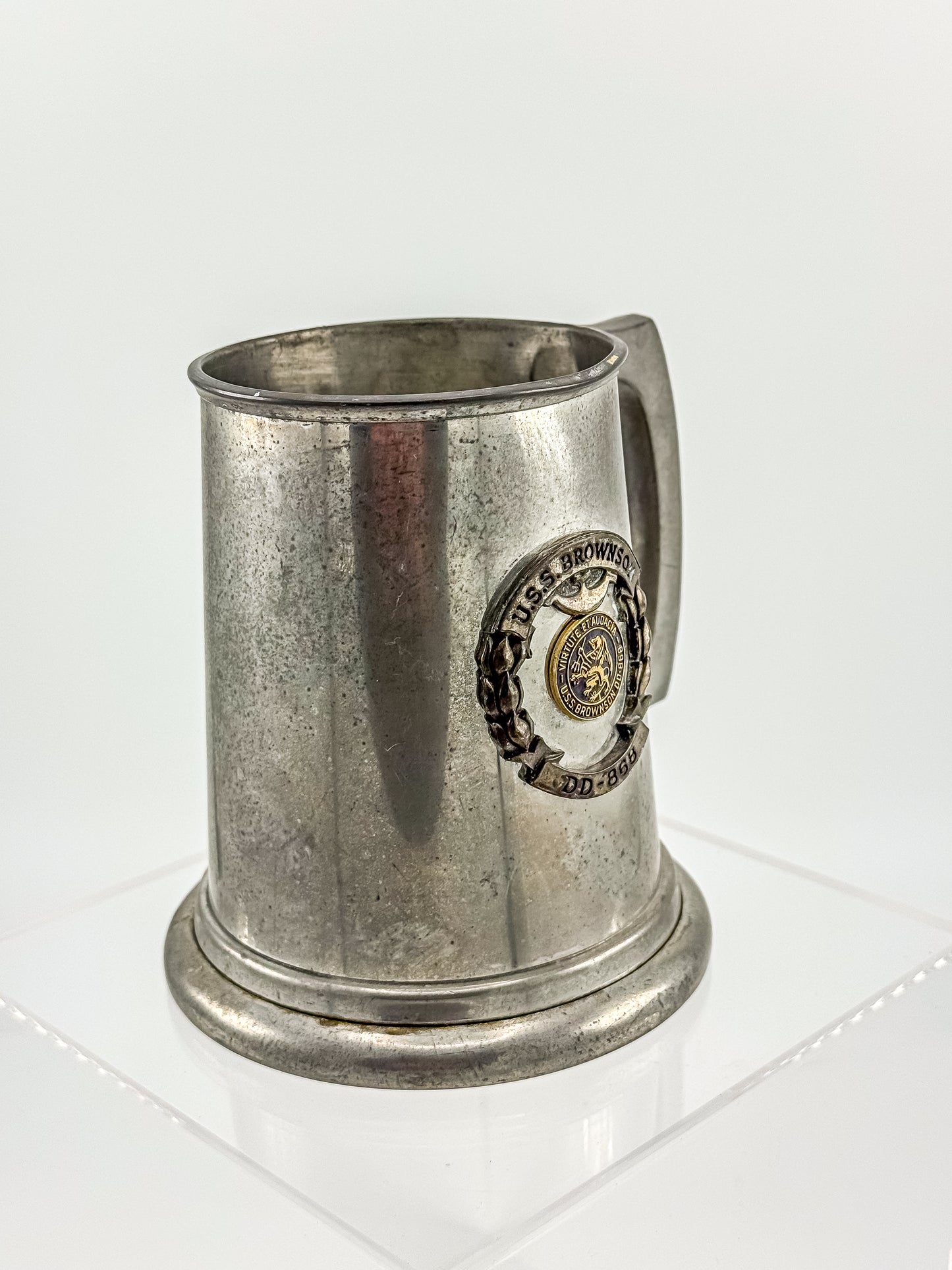 Vintage English Pewter USS Brownson DD-868 Naval Commemorative Tankard — Sheffield, Clear Bottom