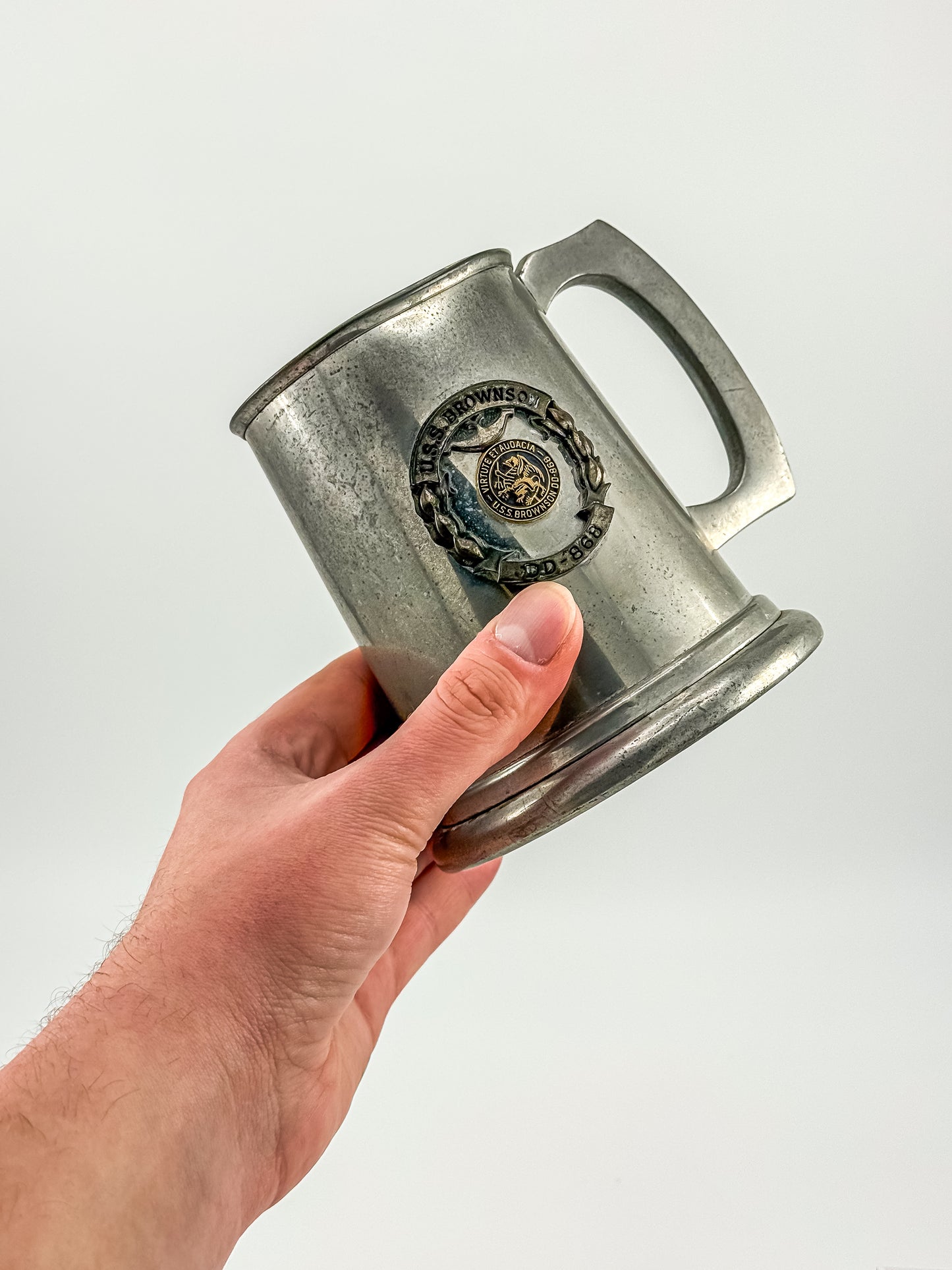Vintage English Pewter USS Brownson DD-868 Naval Commemorative Tankard — Sheffield, Clear Bottom