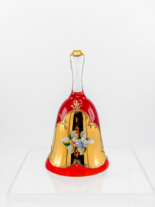Murano Glass Bell – Ruby Red with 24K Gold & Hand-Painted Enamel Floral