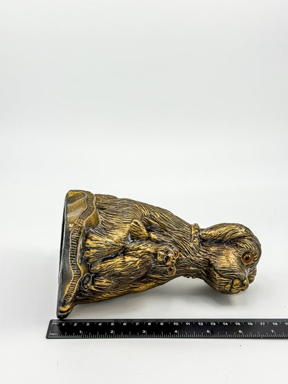 Vintage Bronze-Tone Dog & Pup Figurine with Orange Eyes — Hollow Base