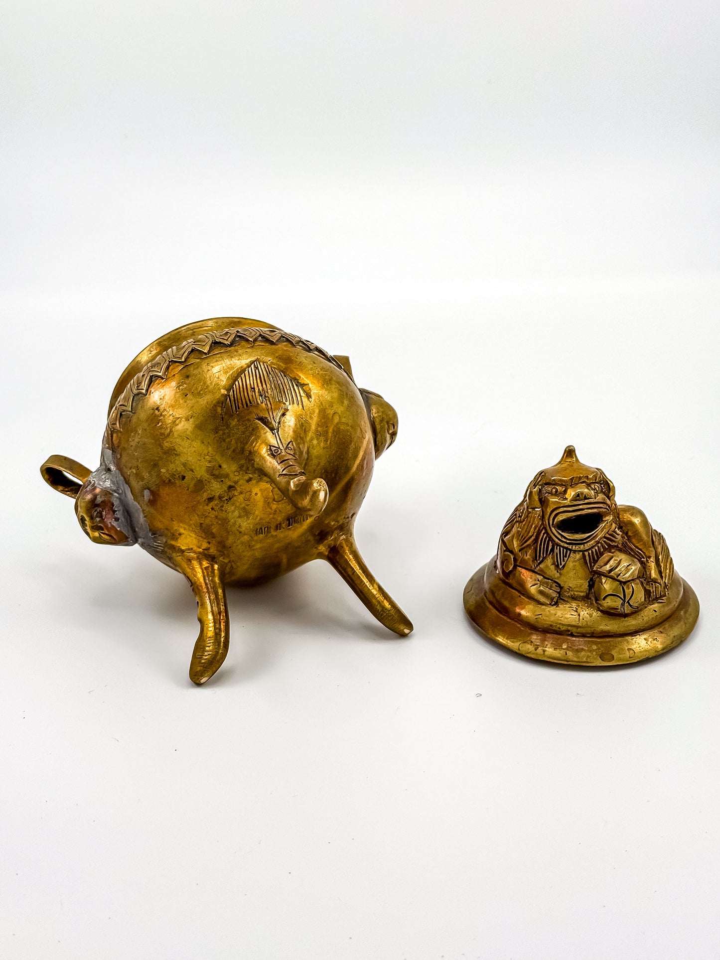Vintage Brass Foo Dog Tripod Incense Burner with Lid