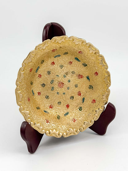 Floral Enameled Brass Plate with Scalloped Edge