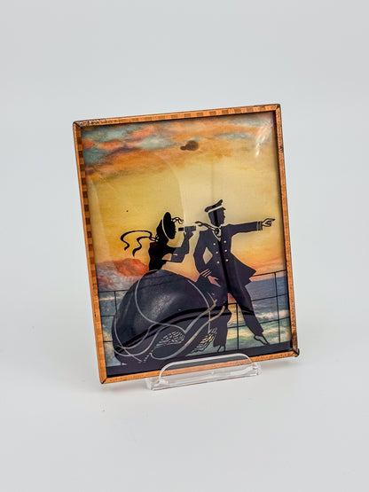 Vintage Reverse-Painted Bubble Glass Silhouette Picture — Nautical Romantic Scene