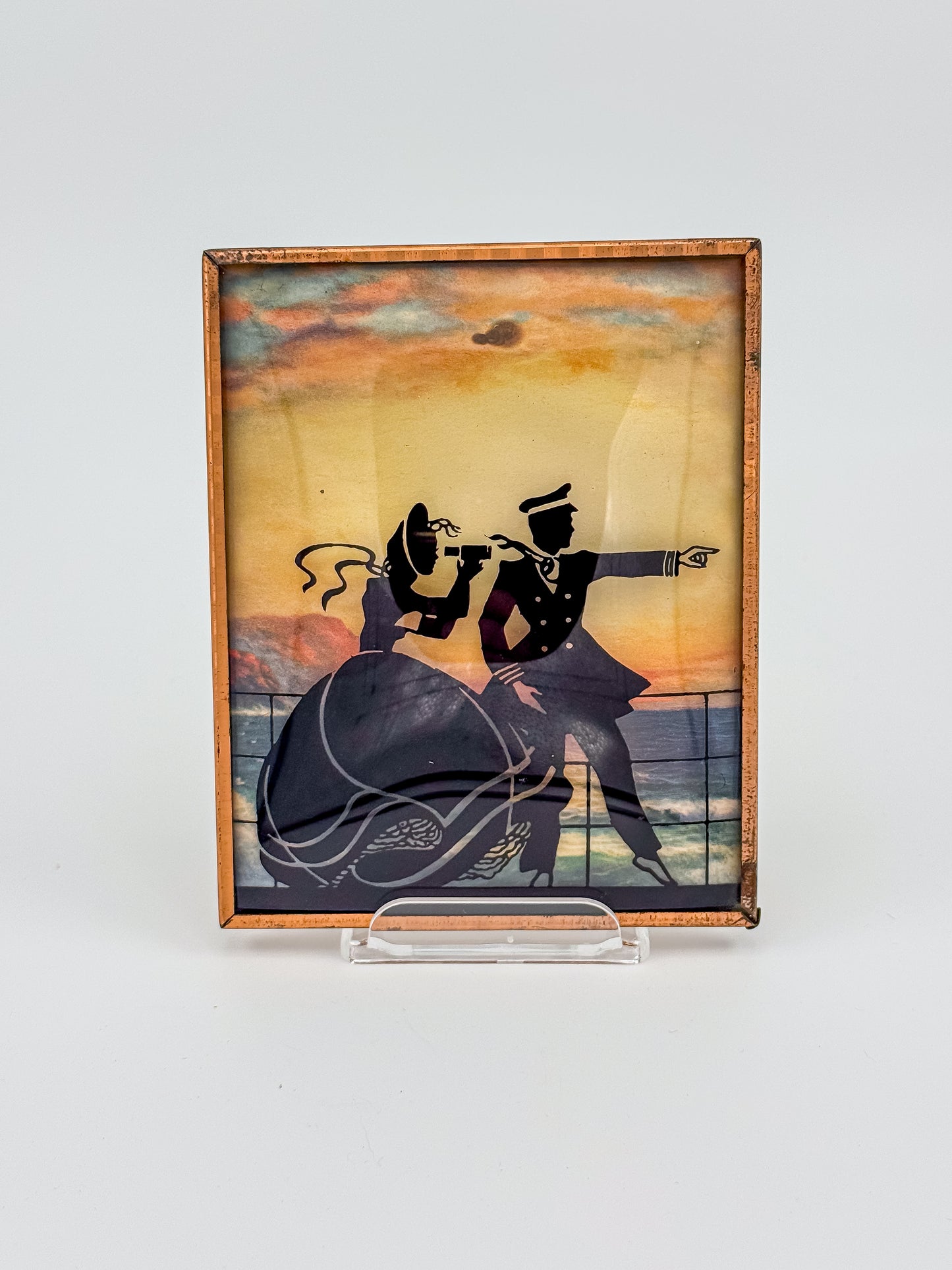 Vintage Reverse-Painted Bubble Glass Silhouette Picture — Nautical Romantic Scene
