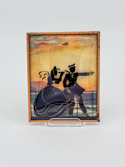Vintage Reverse-Painted Bubble Glass Silhouette Picture — Nautical Romantic Scene