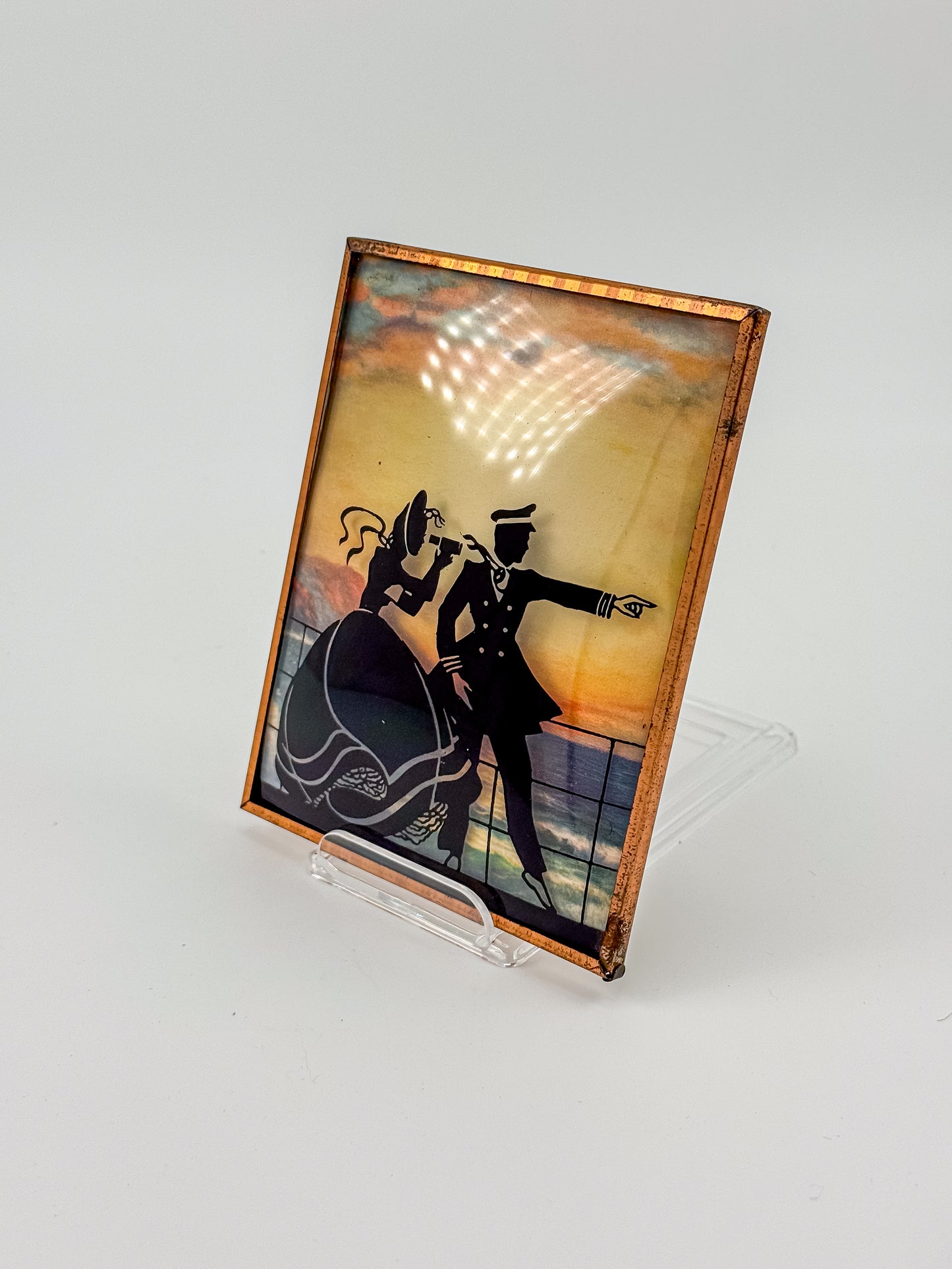 Vintage Reverse-Painted Bubble Glass Silhouette Picture — Nautical Romantic Scene