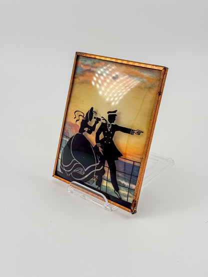 Vintage Reverse-Painted Bubble Glass Silhouette Picture — Nautical Romantic Scene