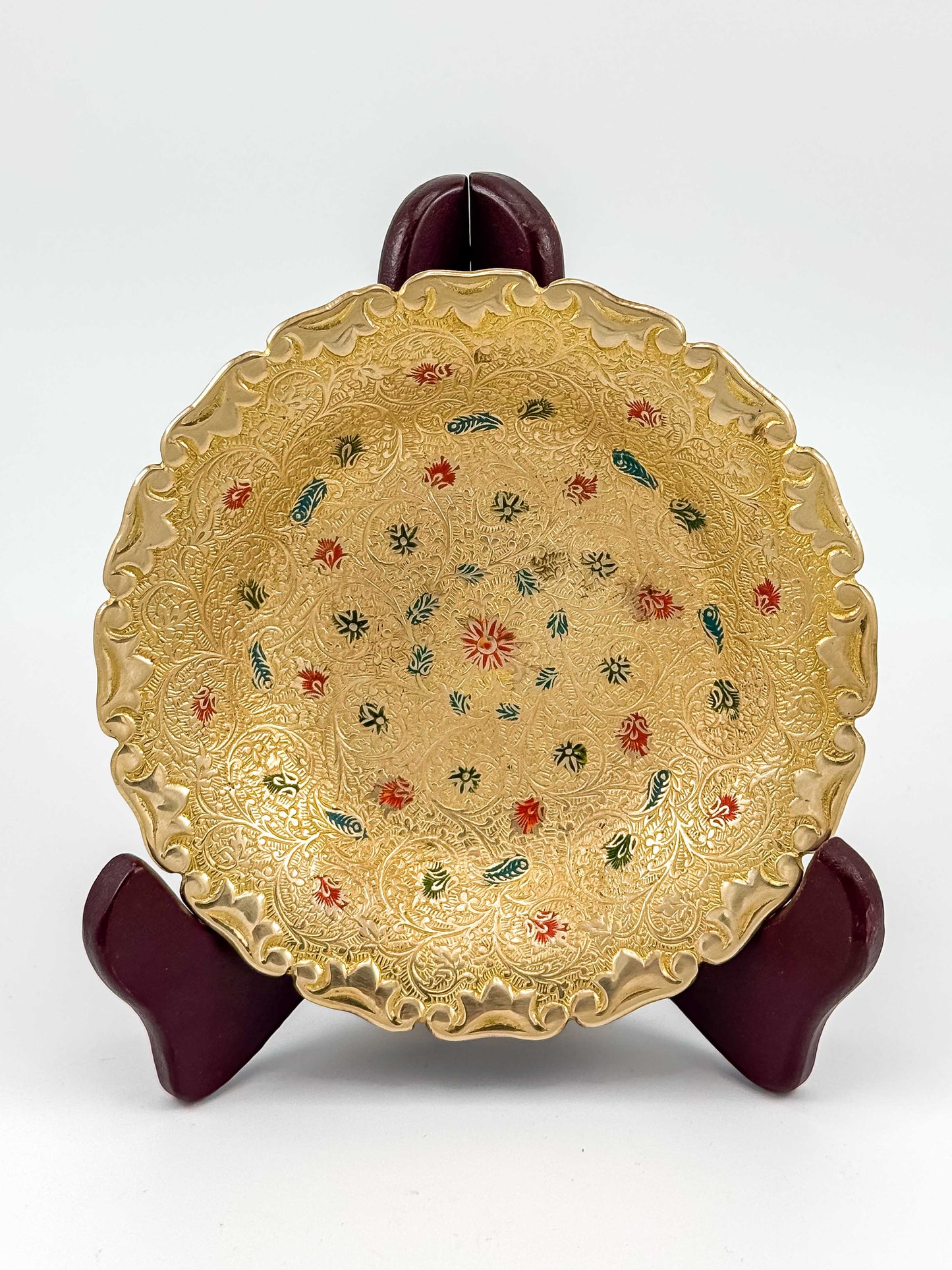 Floral Enameled Brass Plate with Scalloped Edge