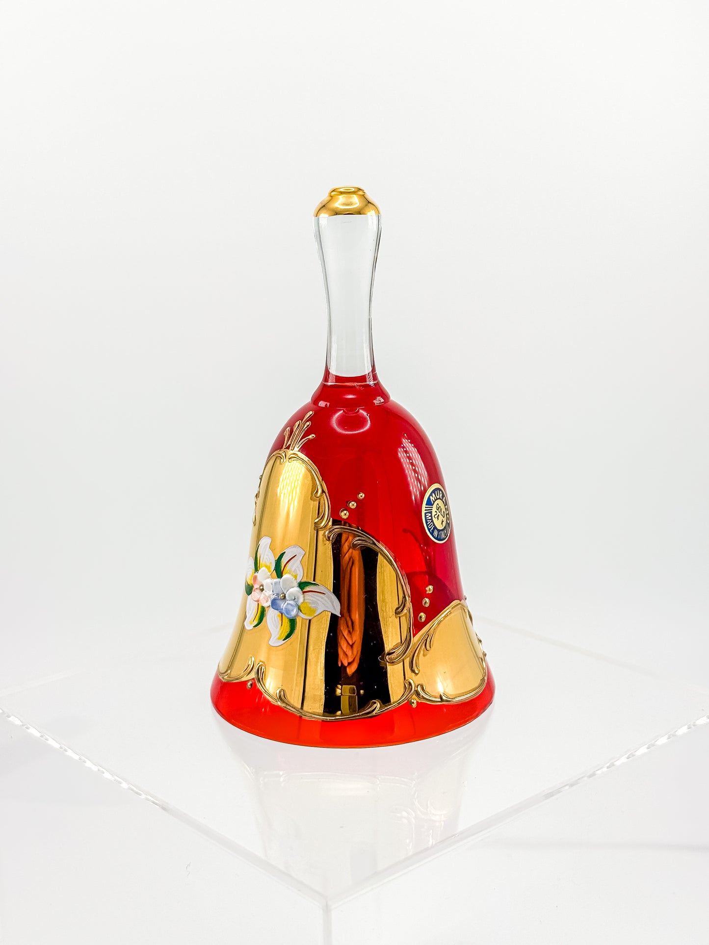 Murano Glass Bell – Ruby Red with 24K Gold & Hand-Painted Enamel Floral
