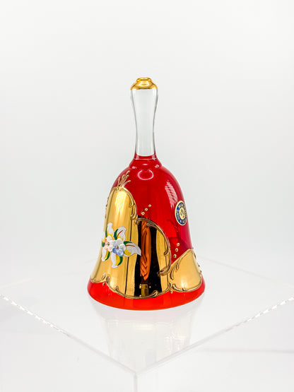 Murano Glass Bell – Ruby Red with 24K Gold & Hand-Painted Enamel Floral
