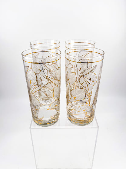 Culver "Ice Flower" Calla Lily 22k Gold Highball Glasses — Set of 4