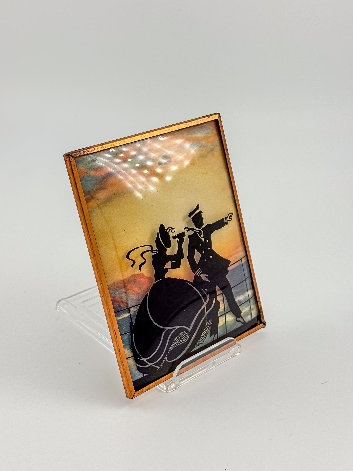 Vintage Reverse-Painted Bubble Glass Silhouette Picture — Nautical Romantic Scene