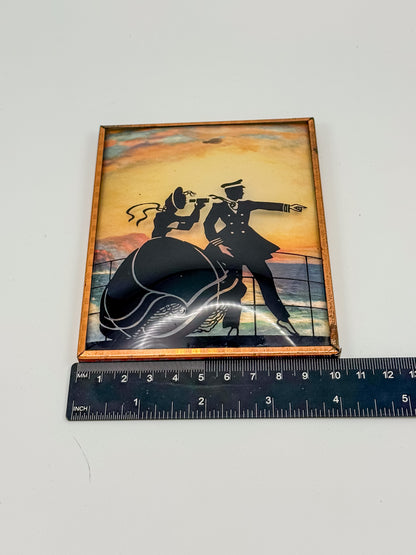 Vintage Reverse-Painted Bubble Glass Silhouette Picture — Nautical Romantic Scene