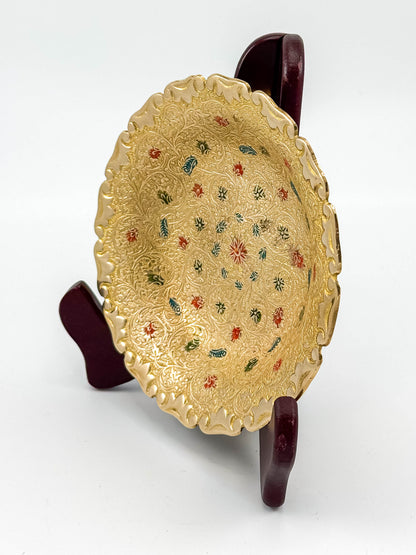Floral Enameled Brass Plate with Scalloped Edge