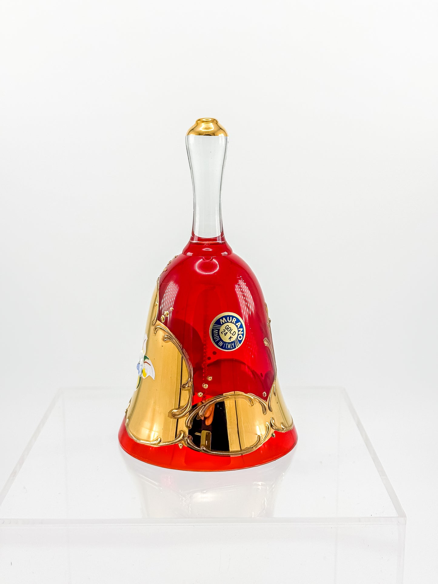 Murano Glass Bell – Ruby Red with 24K Gold & Hand-Painted Enamel Floral