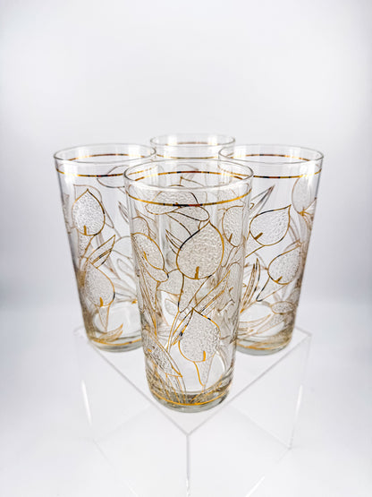 Culver "Ice Flower" Calla Lily 22k Gold Highball Glasses — Set of 4