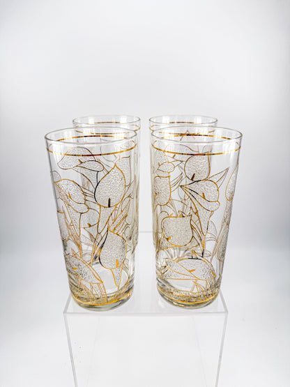 Culver "Ice Flower" Calla Lily 22k Gold Highball Glasses — Set of 4