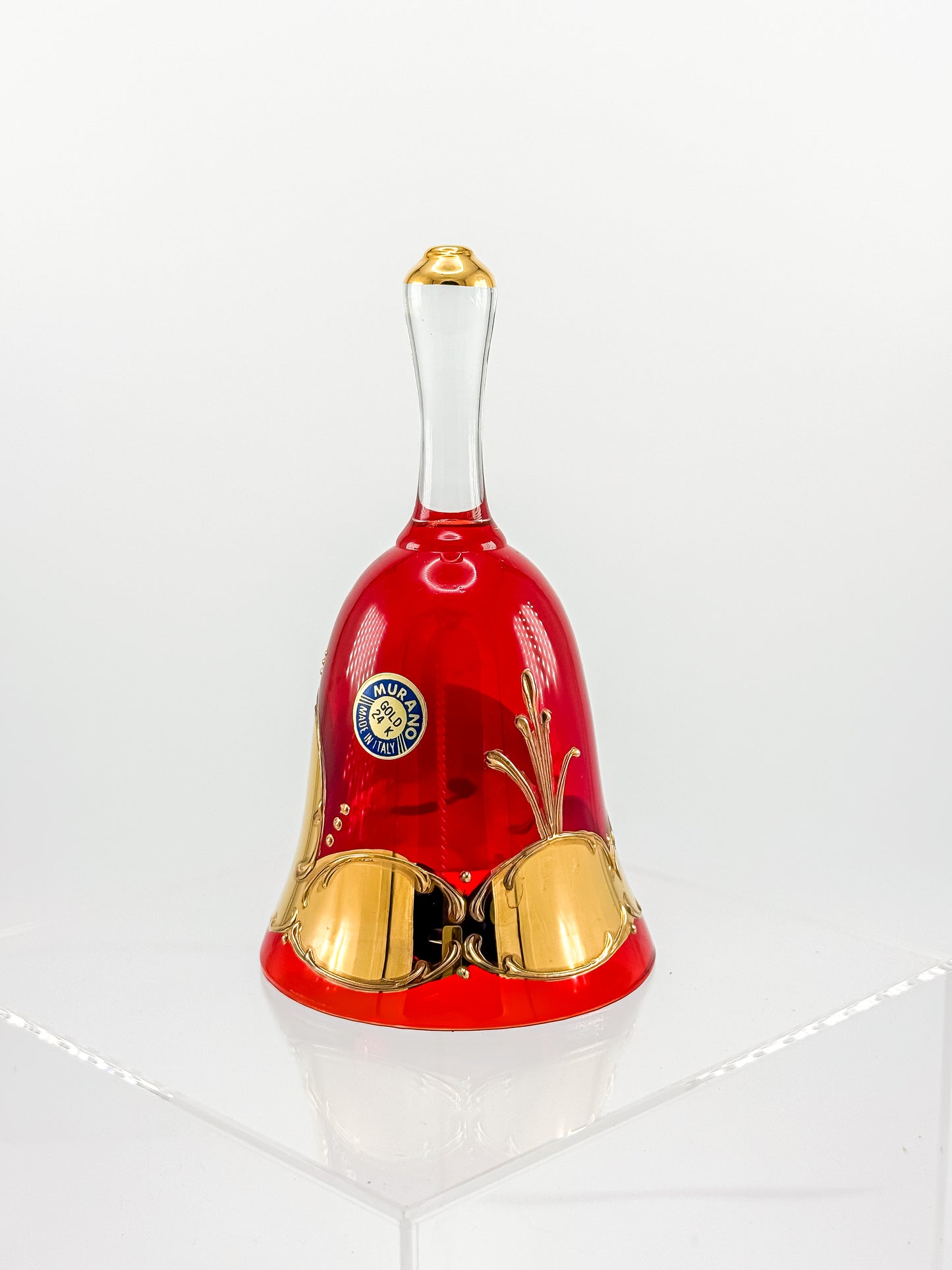 Murano Glass Bell – Ruby Red with 24K Gold & Hand-Painted Enamel Floral