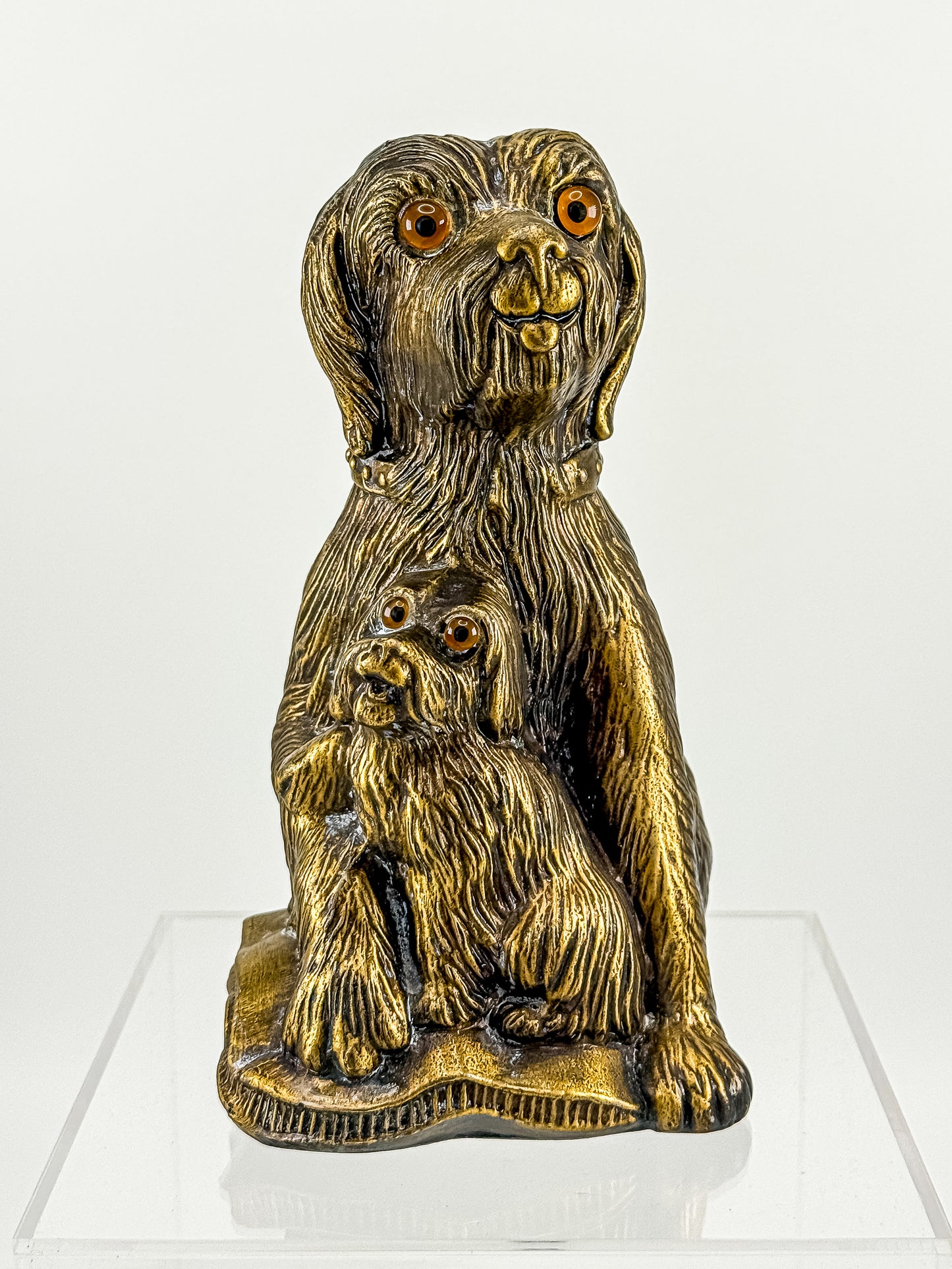Vintage Bronze-Tone Dog & Pup Figurine with Orange Eyes — Hollow Base