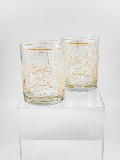 Culver "Ice Flower" Calla Lily 22k Gold Rocks Glasses — Set of 2