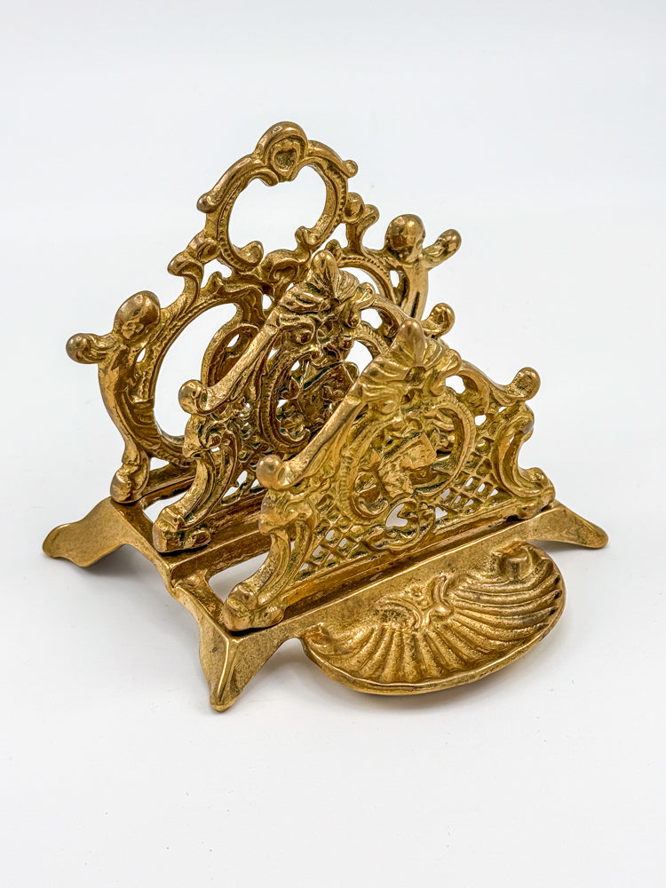Vintage Brass Triple Letter Holder with Ornate Filigree Detail