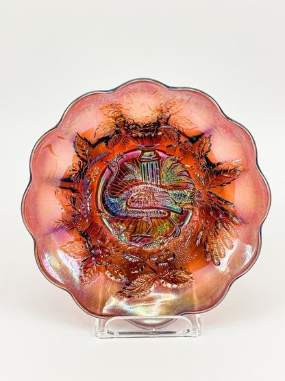 Millersburg Peacock Berry Bowl | No Bee | Red Amberina Carnival Glass | Early 1900s
